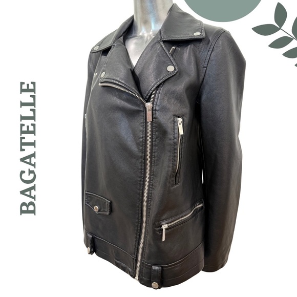 Bagatelle Women’s Faux Leather Moto Jacket Black w Silver Hardware – Size Medium - Picture 2 of 7
